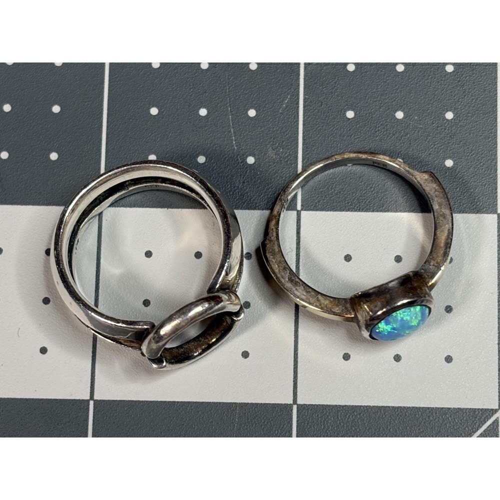 Vintage Sterling Silver 2 Pc Round Opal Ring & Guard Modernist Deco Size: 9 - Picture 4 of 9